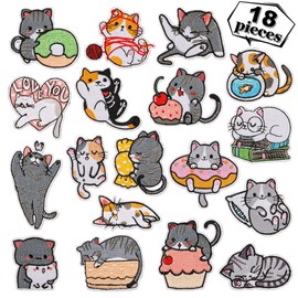 WSNDM Pack of 18 iron-on patches, embroidery appliqué, cute cat pattern, DIY clothing patches, stickers, patches for children and adults, for T-shirt, jeans, clothing bags