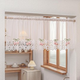 White Sheer Valance Lace Trim Pink Tulip Decor Farmhouse 60W x 18L 1 Panel