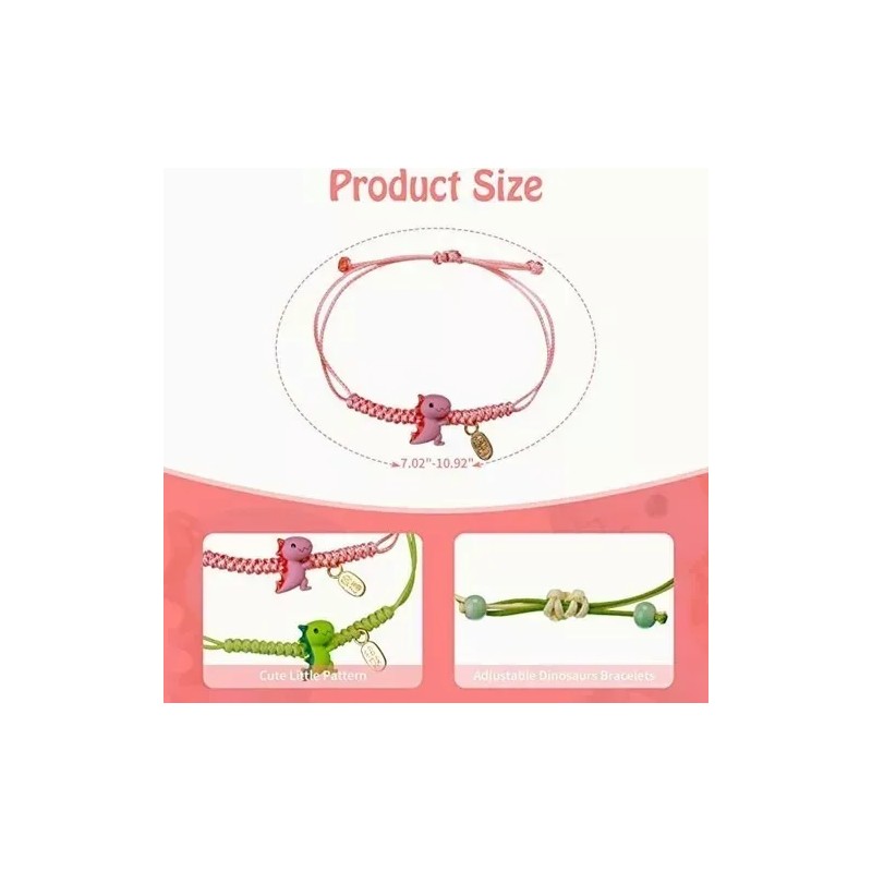 Set 2 Pulseras Ajustables Dinosaurios Verde Rosa Pareja Amistad