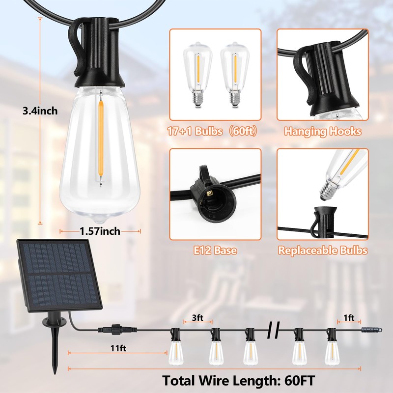 Bosceos Solar Outdoor String Lights Waterproof, 60FT Solar Powered String