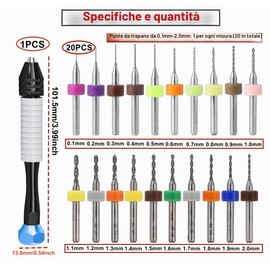 HAXIHA Kit Mini Trapano a Mano 20 pezzi Punte da PCB Micro,Mini Trapano 0,1mm a 1,0mm e 1,1mm a 2,0mm Punte Elicoidale Twist Drill Bits per Utensili Foratura Modellismo