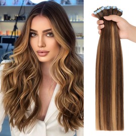 JESSBO Tape in Hair Extensions Human Hair for Women,Straight Chocolate Brown to Caramel Blonde 100% Human Hair 14 inch 20pcs 40g/pack Seamless Skin Weft (14 Inch #4/27 Chocolate Brown to Caramel Blonde)