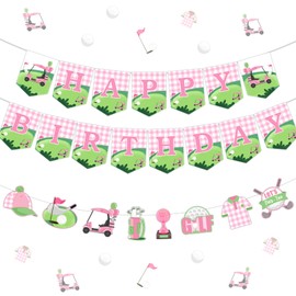 Golf Birthday Banner for Girl, Pink Golf Theme Happy Birthday Banner Garland Pink Birthday Party Decoration for Sports Them Party Baby Shower Birthday Party Let’s Par-tee