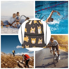 Famame Kawaii Corgi Cute Dog Drawstring Backpack String Bag Sackpack For Gym Shopping Beach Sport Yoga
