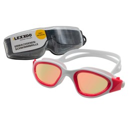 LEXXOO Swimming Goggles with Polarising Coating and UV Protection, Waterproof Anti-Fog Swimming Goggles for Men and Women, with Practical Push Button System and Large Field of View, Pink/White