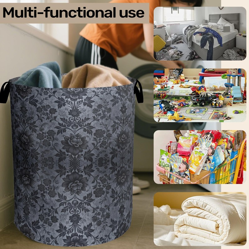 Black Damask Flower Large Clothes Hamper Bag - Laundry Basket