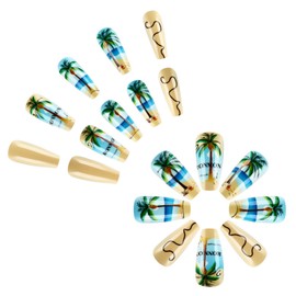 Coffin Press on Nails Medium Fake Nails with Beach Coconut Palm Designs Summer Nails Press ons Glossy Glue on Nails Yellow Acrylic Nails Cute False Nails Natural Stick on Nails for Women 24Pcs