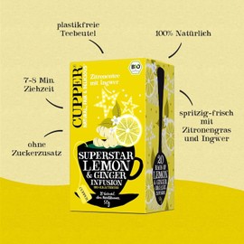 Cupper Organic Herbal Tea Superstar Lemon & Ginger, 20 Unbleached Tea Bags, Eco Friendly, Fair Trade, Pack of 4