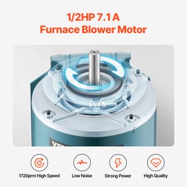 VEVOR 1/2HP Furnace Blower Motor 1720RPM, 115V 7.1A Belt Drive Blower Motor Single Phase - 0.5" Shaft Diameter, 1.6" Shaft Length, CW/CCW Rotation