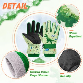 Kids Ski Gloves Waterproof Winter Snow Gloves Snowboarding Gloves Non Slip Windproof Sport Mittens for Boys Girls Youth Sledding Riding Driving Hiking (Dinosaur Green, 6-10 Years)