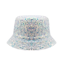 RARITYUS Women Bucket Hat Reversible Double-Side-Wear Shiny Glitter Sequin Sun Cap for Travel Beach Unisex Outdoor White