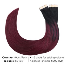 HOTBANANA 26 Inch Tape in Hair Extensions - 40pcs 120g Jet Black to Burgundy Human Remy Straight Hair