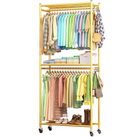 Sakugi Clothes Rack - 33.0" x 12.2" x 79.5" Clothing Rack with Shelves & Wheels, Multi-Functional Wardrobe Closet with Hooks, Sturdy Metal Garment Rack for Bedroom, Laundry, Balcony (Gold)