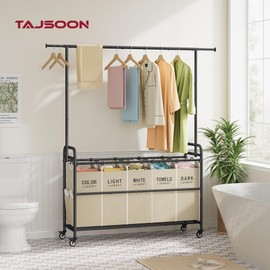 Tajsoon Laundry Sorter with Hanging Bar, 5 Bag Laundry Sorter with Wheels, 246L (65 Gal.) Laundry Hamper with Adjustable Hanging Rack, Laundry Room Organization and Storage, Beige