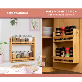 Morvat Bamboo Wooden Spice Jar Rack, 2-Tiered Seasoning Holder Organizer Set with 2 Shelves, Spice Storage Shelf for Kitchen Pantry & Cabinet, Counter or Wall Mount Option with Included Hardware