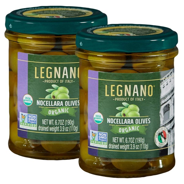Aceitunas ecológicas Nocellara de Legnano | Aceitunas italianas auténticas | Aceitunas verdes orgánicas, sin OMG | Fabricado en Toscana | Paquete de 2 tarros de 7.5 onzas