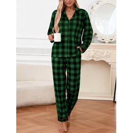 Famulily Womens Checked Pyjamas Soft Loungewear Sets 2 Piece Button Up Nightwear for Women UK Leisure Sleepwear Suits Winter Pjs Set Green M