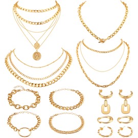 Tiamon 12 Pcs Valentine's Gold Silver Jewelry Sets for Women Layered Set of Earring Necklace Bracelets for Men Jewelry Gifts(Stylish Style)