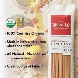 DeLallo Whole Wheat Linguine Pasta, 1 Pound Bag, (8 Pack), 100% Organic, Whole Grain Noodles, Made with Whole Durum Wheat, Bronze Cut, Kosher, Vegan, Non-GMO