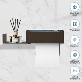 Toilet Paper Holder with Shelf, FUNLEU Flushable Wipes Dispenser for Bathroom, Self Adhesive Toilet Paper Holder with Storage - Stainless Steel Toilet Holder Keep Wipes Hidden Out of Sight, Bronze