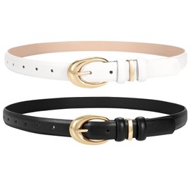 JASGOOD 2 Pack Women Leather Belt for Jeans Pants Fashion Ladies Skinny Faux Leather Dress Belt with Gold Buckle(Black+White)