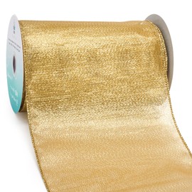 CT CRAFT LLC Gold Metallic Wired Ribbon 6 inch x 10 Yards for Christmas Home Decor Tree Topper Bow Gift Wrapping DIY Crafts Wreath Garland Wedding