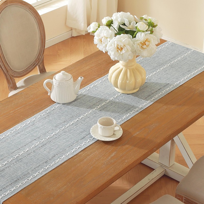 Farmhouse Decor Boho Table Runner with Macrame, Elegant Dusty Blue