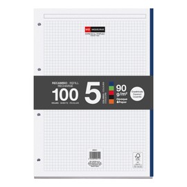 Miquelrius Refill Pad 5 Bright Colours 100 Sheets Squared 5mm Size A4 90g Paper with 4 Holes