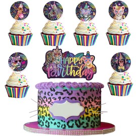 Neon Leopard Cupcake Toppers 25PCS Rainbow Cheetah Print Birthday Party Decorations for Jungle Animals Party Supplies