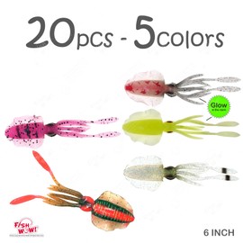 20pcs 5-color Fish WOW! 6" Chase Squid bait Skirt Realistic squid octopus 3D large Eyes Premium Quality soft plastic fishing luminous lure mix colors