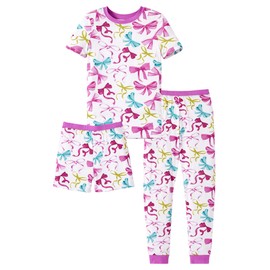 PATPAT Kids 3-Piece Pajama Sets with Bamboo Viscose,Soft Snug Fit Pjs for Toddler Boys and Girls,All-Season Comfort Sleepwear, Pink Watercolor Bow, Size 10 Years