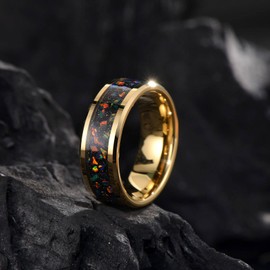 Holizaly Men's 8MM gold tungsten steel galaxy ring inlaid with gold foil marriage promise chamfered shiny surface comfortable fit size 7-14 with gift box (8MM-Tungsten-Gold1, 7)