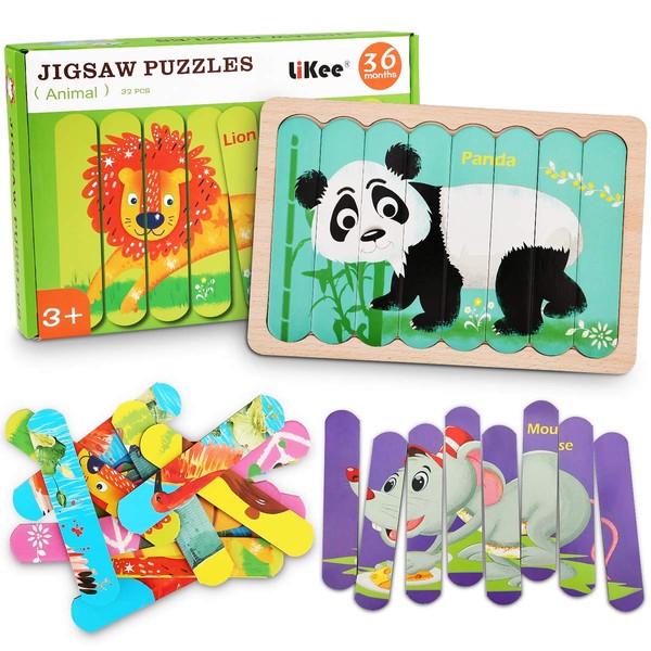 LiKee Animals Wooden Jigsaw Puzzles Pattern Blocks Sorting and Stacking Toys Peg Puzzle Preschool Montessori Educational Toys for Toddlers Kids Boys Girls Age 3+ Years Old (32 Pieces & 8 Patterns)