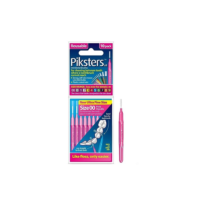 Piksters Interdental Brushes, Size 00, Pink Handle, 10 Pack