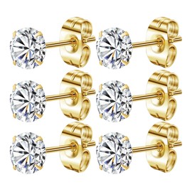 Mochity 6 Pairs of Stud Earrings Gold Sliver Set, 14K Gold-Plated Stud Earrings, Gold Sliver Set with Zirconia, Hypoallergenic Earrings for Men and Women, Stainless Steel