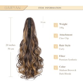 Gairyan 20inch Ponytail Extension Clip in Ponytail Hair Extensions Curly Wavy Pony Tails Claw on Ponytail Long Wave Synthetic Hairpieces for Women Soft Real Look (Medium Brown & Dark Blonde)