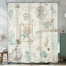 Omifly Vintage Nautical Shower Curtain 72Wx72H Inch Coastal Sailboat Compass Anchor Starfish Seashells Retro Sea Horse Ocean Beach with 12 Plastic Hooks Fabric Waterproof Toilet Accessories Decor