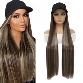 GUOJIAN Baseball Cap with Straight Hair Extensions 32inch Straight Long Hairstyle Adjustable Wig Hat Attached Synthetic Cap Wig for Woman (8B/613, 32Inch)