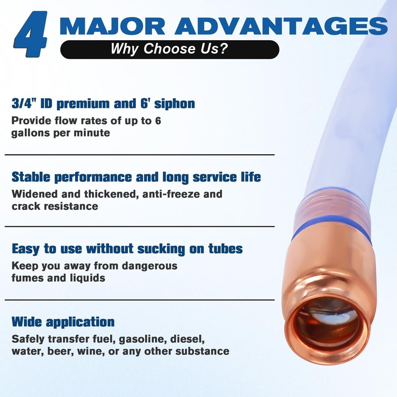 Wadoy 3/4" Siphon Hose, 6FT Shaker Siphon Pump for Gasoline/Gas/Fuel/Water