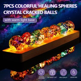 KRISININE 7pcs Colorful Healing Spheres for Meditation Crystal Cracked Balls with LED Wooden Stand Night Light Decoration Balls Set for Home