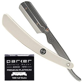 Parker Safety Razor, Maquinilla de afeitar de barbero de borde recto de acero inoxidable SRW y 100 hojas de afeitar de borde recto Parker