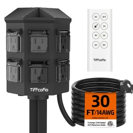 Outdoor Power Strip with 30 FT Extension Cord, 100FT Remote Control, Dusk to Dawn Light Timer Waterproof, 6 Grounded Outlets for Yard, Pool and Garden, ETL Listed