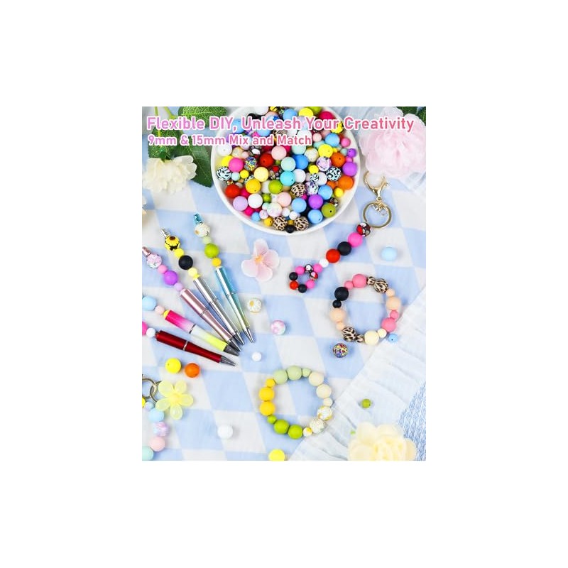100PCS FIVEIZERO Silicone Beads, 9mm & 15mm Silicone Beads for