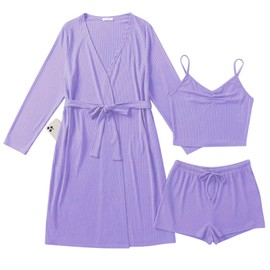Ekouaer Rib Knit Pajamas Set for Women 3 Piece Lounge Sets Soft Cami and Shorts Pjs with Cardigan Loungewear (Purple, XL)