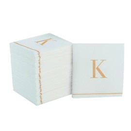 Luxe Party 112 Pack Monogram Cocktail Napkins, Letter K Initial, Disposable, Premium Airlaid, Linen Feel, Decorative, White and Gold