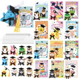 Hanaive 30 Sets Mini Graduation Stuffed Animal Bulk Graduation Party Favors 30 Animal Keychain with Grad Cap 30 Card 30 Organza Bag Small Plush Toy for Kindergartners College High School Gifts