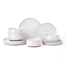 GZG Modern Art Series - 12 Pcs Speckled Stoneware Plates and Bowls Sets, Ceramic Dinnerware Set with Rustic Terracotta Underside, Microwave and Dishwasher Safe Handcrafted Dishes Set - Porcelain White
