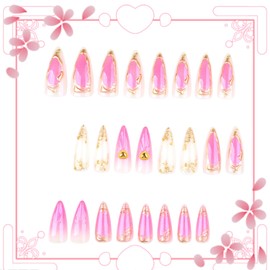 Press on Nails Almond Shaped Long Artificial Acrylic Gradient 3D Gold Love with Stripe Design Glossy Stick on Nails Full Cover Reusable Coffin False Nail Press Ons Glue on Nails for Women 24Pcs