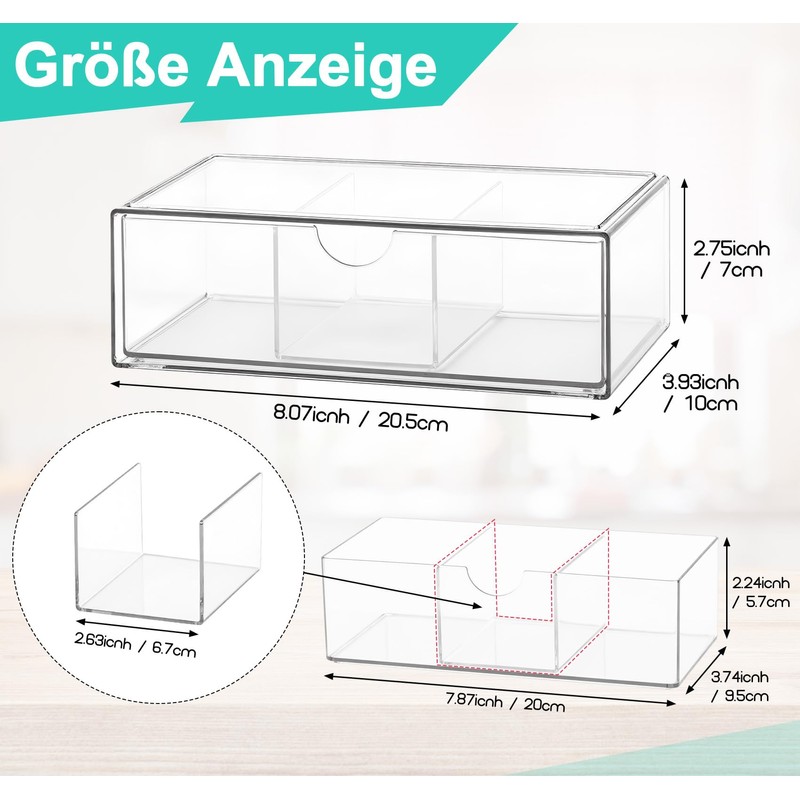 Ilauke Pack of 2 Transparent Drawer Organiser, Stackable Bathroom Organiser