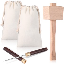 4 Pcs Canvas Crushed Bag and Mallet Set with Stainless Steel Ice Pick with Safety Cover Wooden Handle and Sheath, Wooden Mallet Ice Crusher Hammer for Crush Ice Tools Bartender Bar Kitchen Accessory